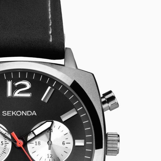 Sekonda Airborne Men's Chronograph Watch | Silver Case & Black Leather Strap with Black Dial | 30028